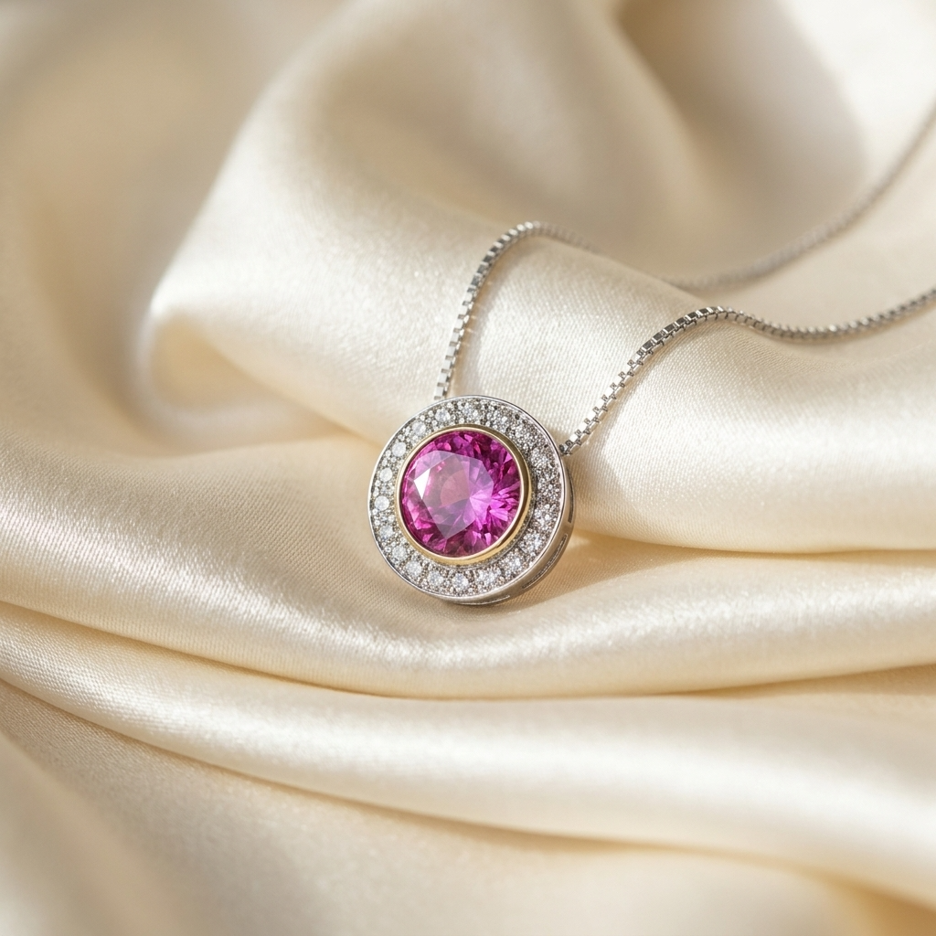 Pink sapphire and diamond halo pendant — handcrafted in Sydney