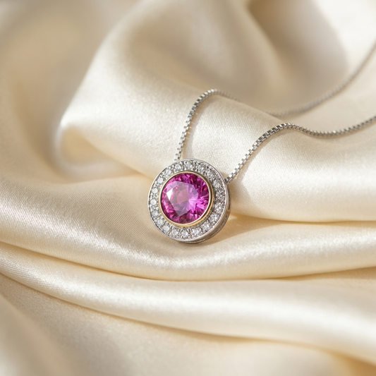 Pink sapphire and diamond halo pendant — handcrafted in Sydney