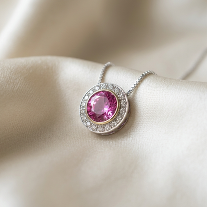 Pink sapphire and diamond halo pendant - side view