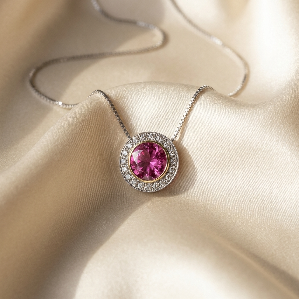 Pink sapphire and diamond halo pendant - detail view