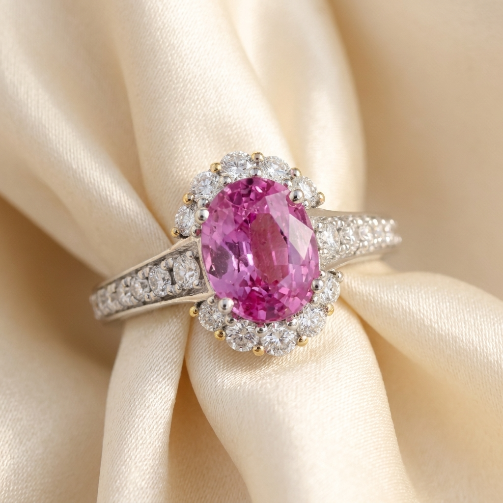 Pink sapphire and diamond engagement ring — handcrafted in Sydney