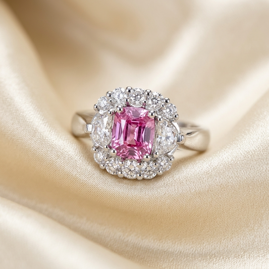 Pink sapphire halo engagement ring with half moon cut diamonds — handcrafted in Sydney