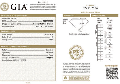 GIA Certificate Princess Cut Diamond 0.40ct E VVS1