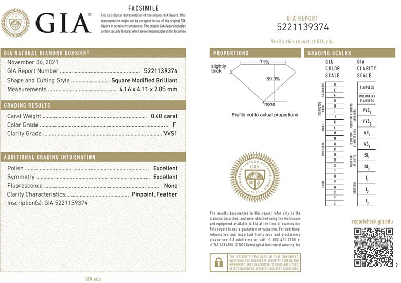GIA Certificate Princess Cut Diamond 0.40ct F VVS1