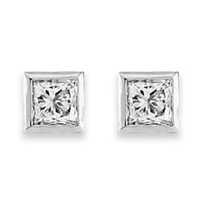 Princess cut diamond stud earrings in 18ct white gold bezel setting