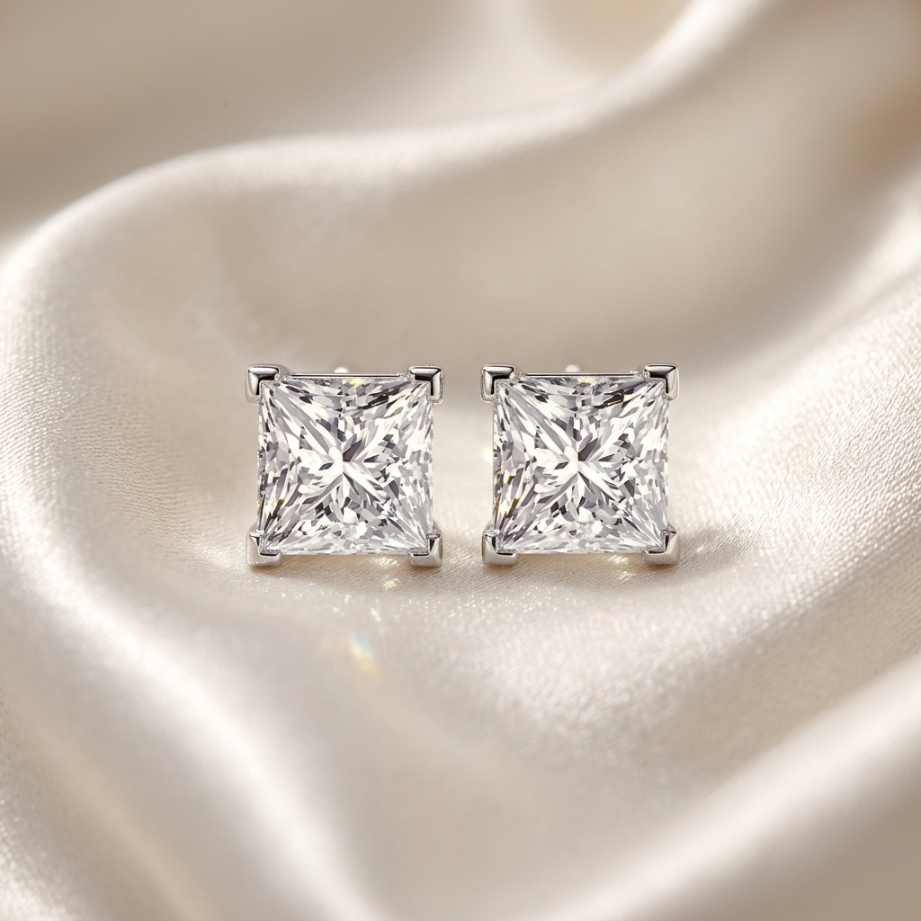 Princess cut diamond stud earrings - angled view