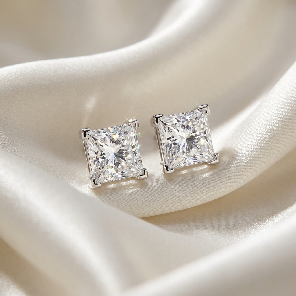 Princess cut diamond stud earrings - side view
