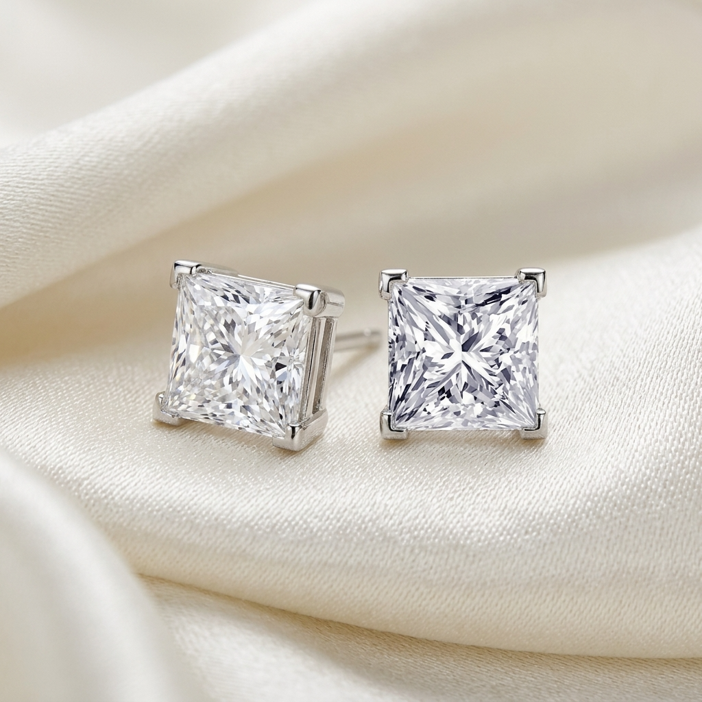 Princess cut diamond stud earrings - detail view