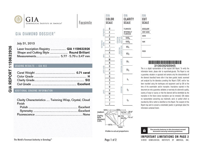 Round Diamond 0.71ct H SI2 RBC 1076s GIA