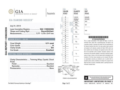 Round Diamond 0.71ct H SI2 RBC 1076s GIA