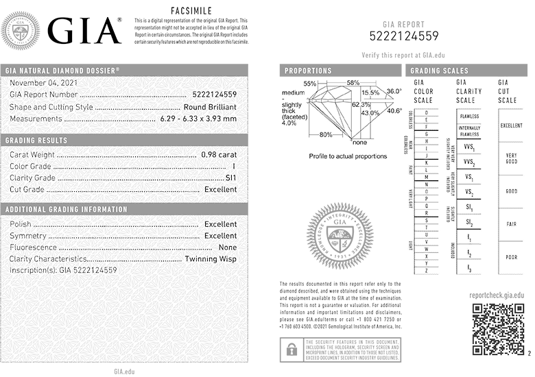 GIA Diamond Certificate 0.98ct I SI1