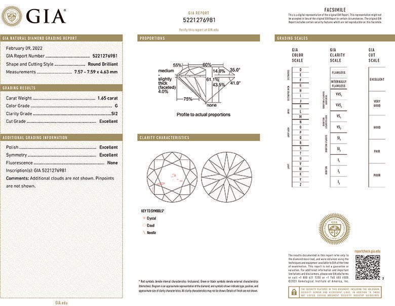 GIA Certificate Round Diamond 1.65ct G SI2