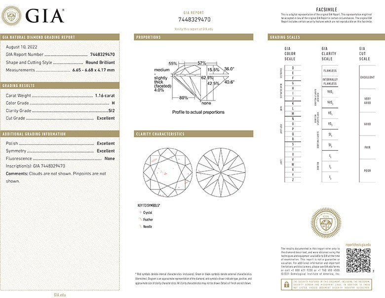 GIA Diamond Certificate Round Diamond 1.16ct H SI2