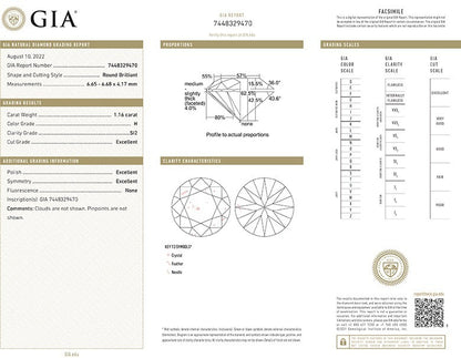 GIA Diamond Certificate Round Diamond 1.16ct H SI2