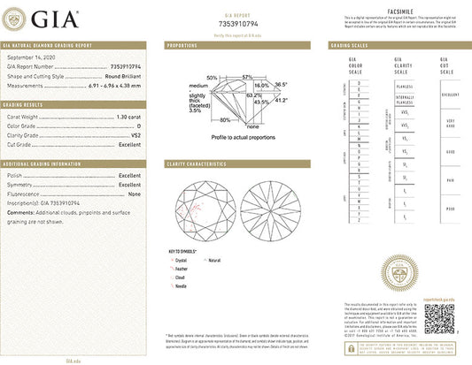 Round Brilliant Cut Diamond 1.30ct D VS2 GIA