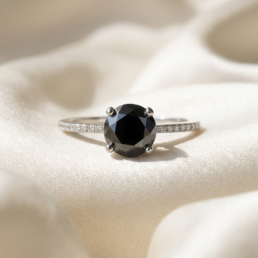 Black diamond solitaire engagement ring with diamond side stones in 14ct white gold