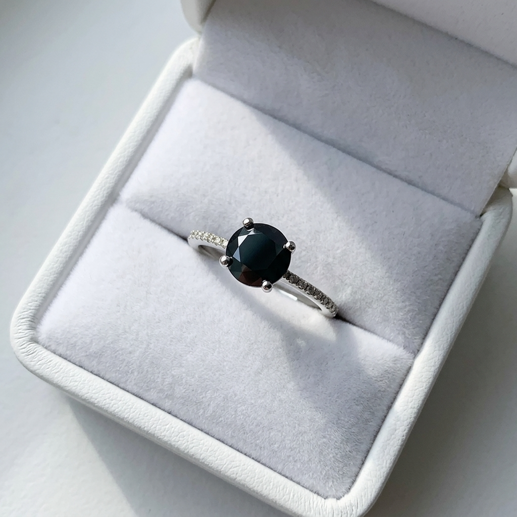 Black diamond solitaire engagement ring with diamond side stones, angled view
