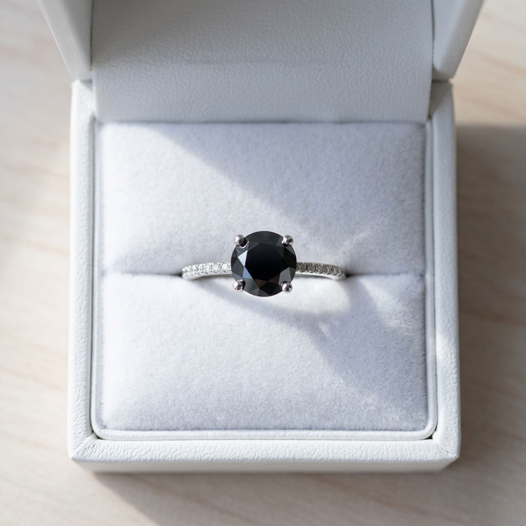 Black diamond solitaire engagement ring with diamond side stones, detail view