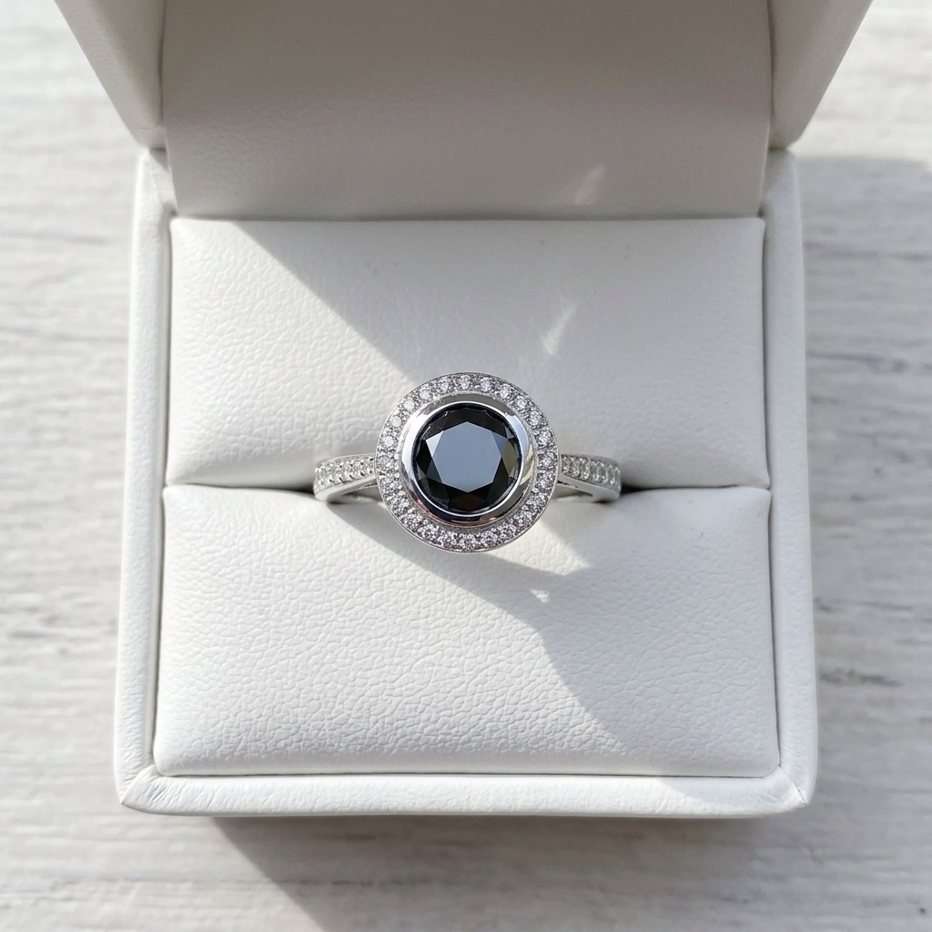 Black diamond bezel set halo engagement ring in 18ct white gold