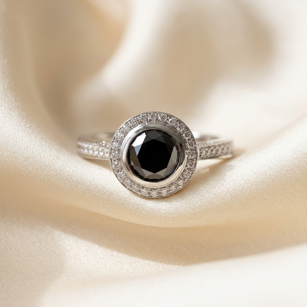Black diamond bezel set halo engagement ring, angled view