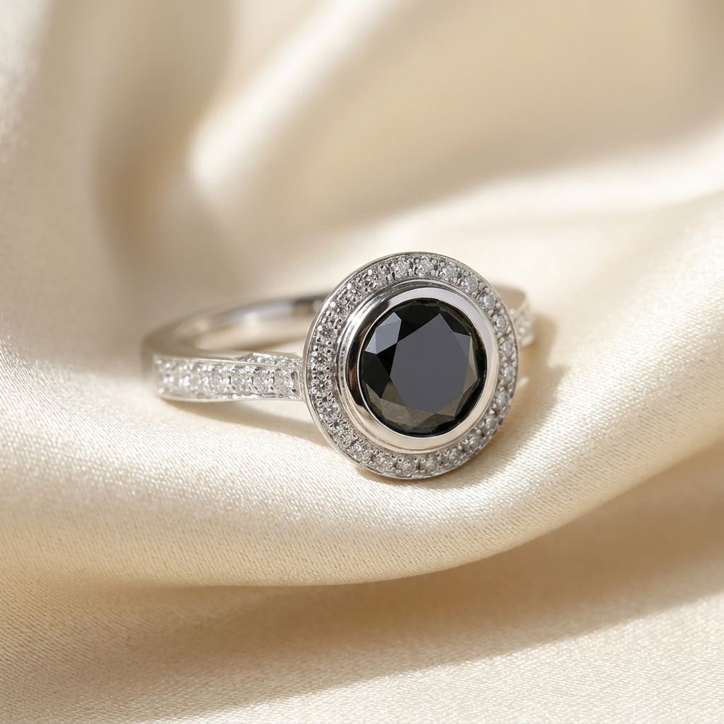 Black diamond bezel set halo engagement ring, side view