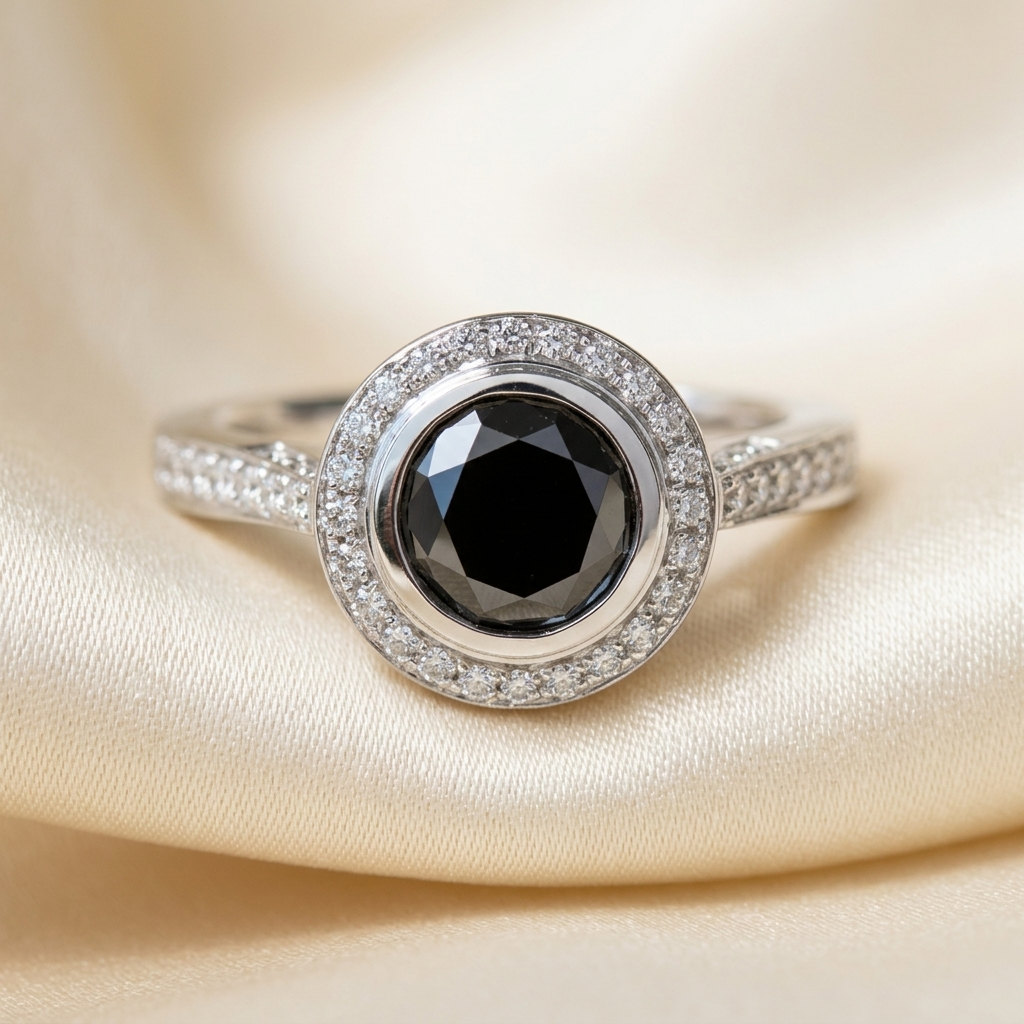 Black diamond bezel set halo engagement ring, detail view