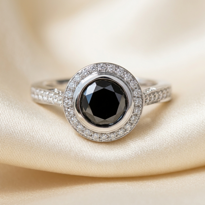 Black diamond bezel set halo engagement ring, detail view