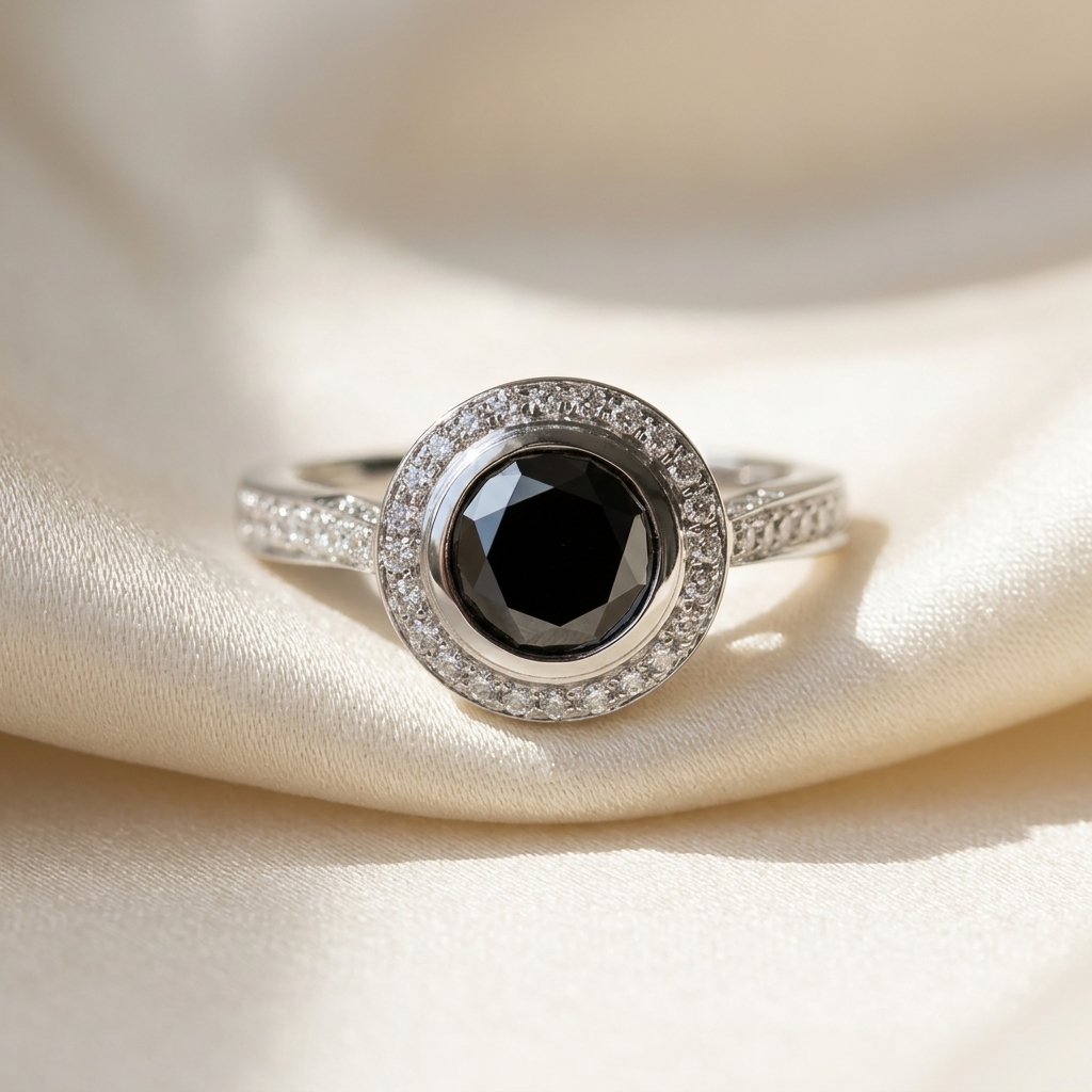 Black diamond bezel set halo engagement ring, raised view