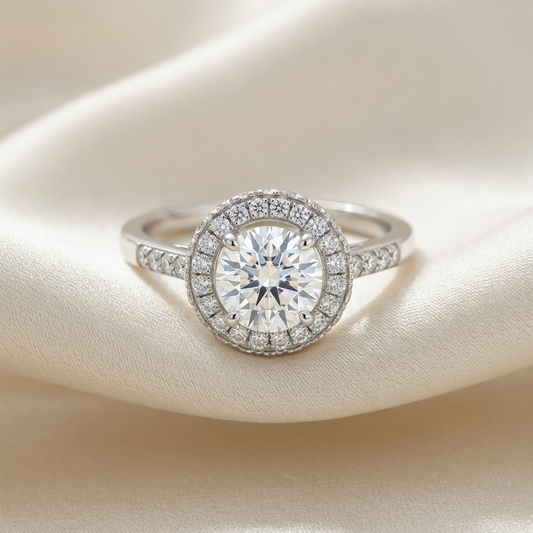 Elara round brilliant diamond halo engagement ring, angled view