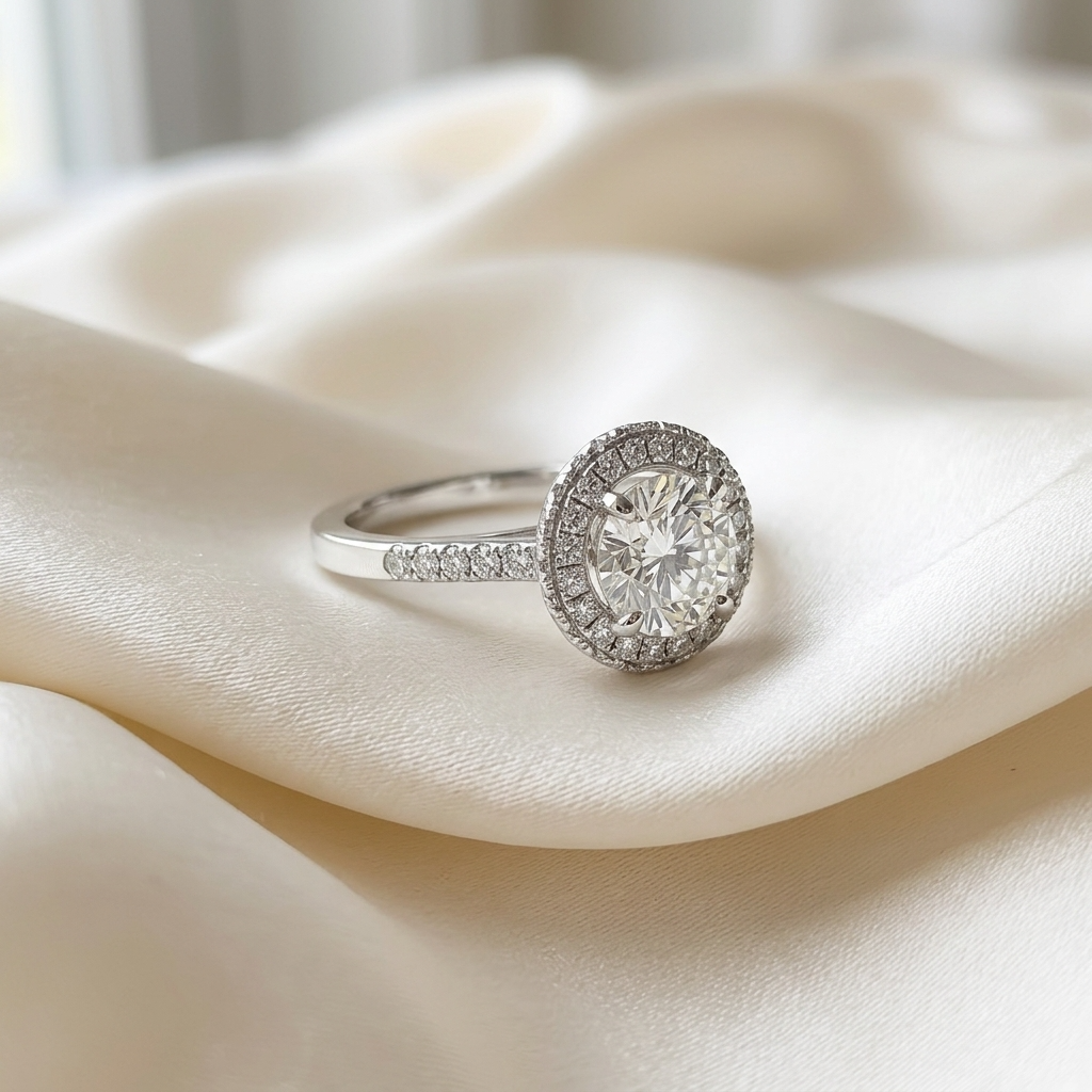 Elara round brilliant diamond halo engagement ring, side view