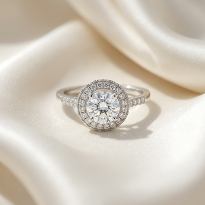 Elara round brilliant diamond halo engagement ring, front view