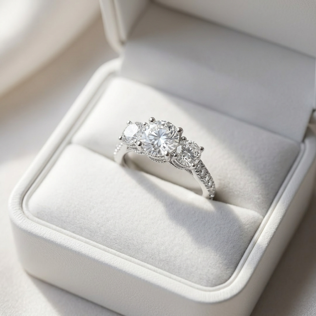Melanie round brilliant diamond three stone engagement ring, angled view