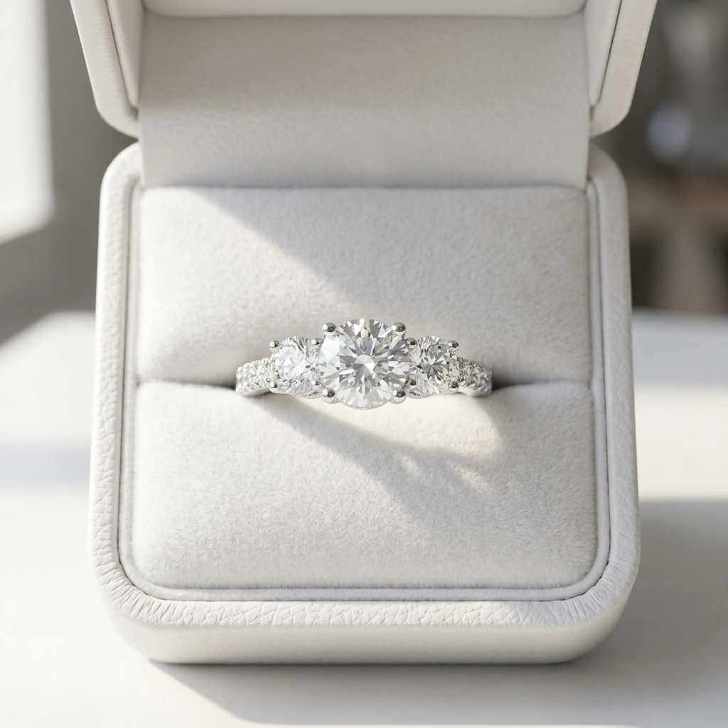 Melanie round brilliant diamond three stone engagement ring, side view