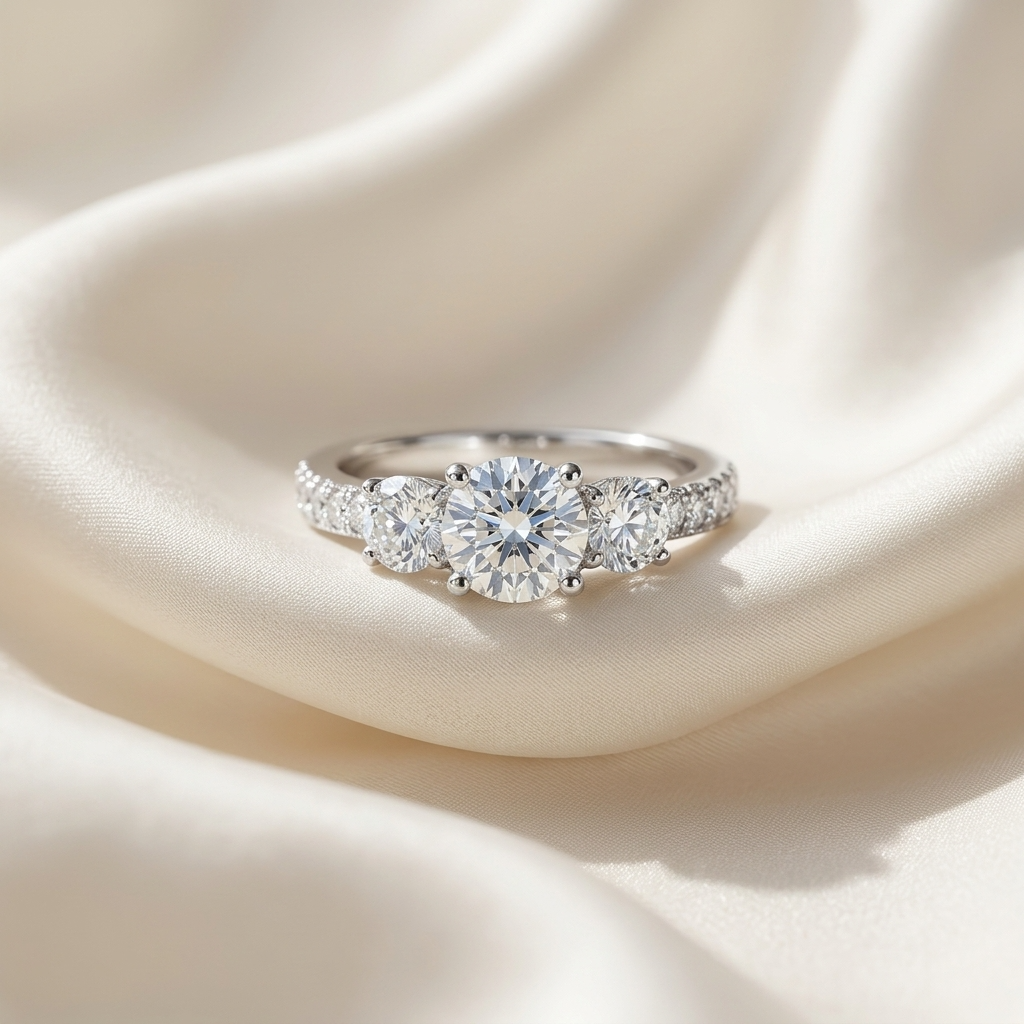 Melanie round brilliant diamond three stone engagement ring, detail view