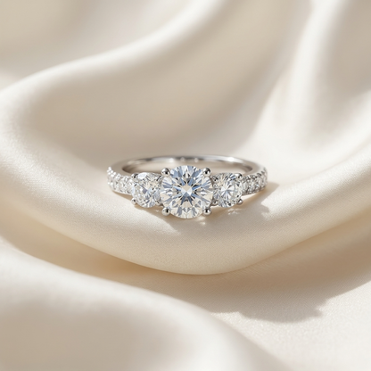 Melanie round brilliant diamond three stone engagement ring, detail view