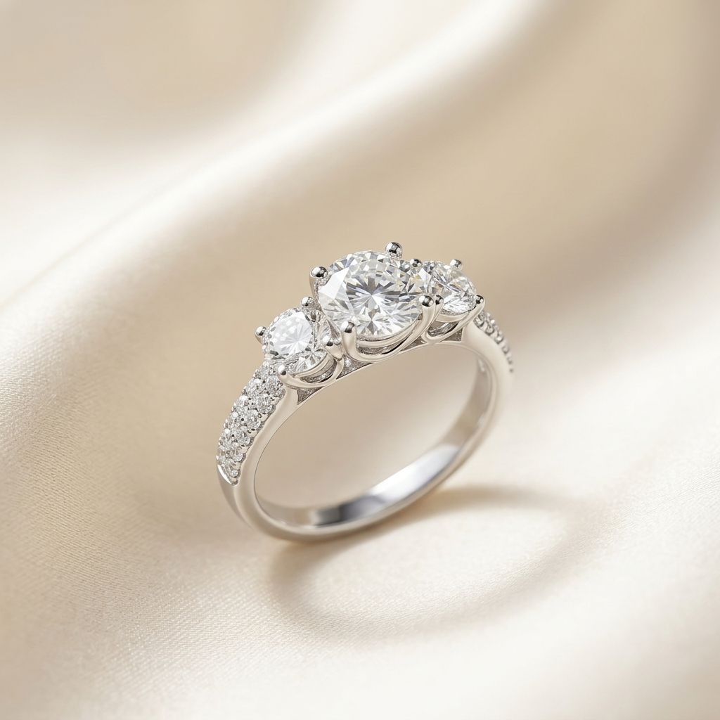 Melanie round brilliant diamond three stone engagement ring, top view