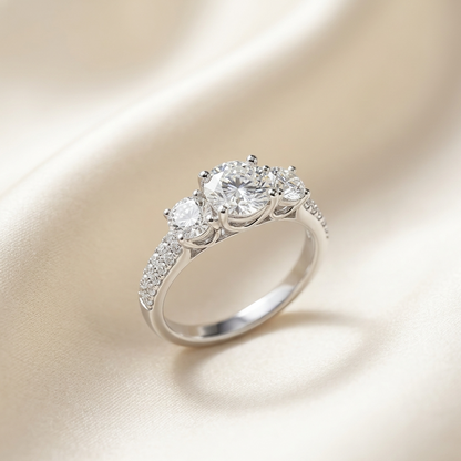 Melanie round brilliant diamond three stone engagement ring, top view