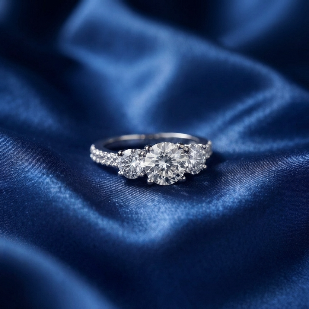 Melanie round brilliant diamond three stone engagement ring, three quarter view