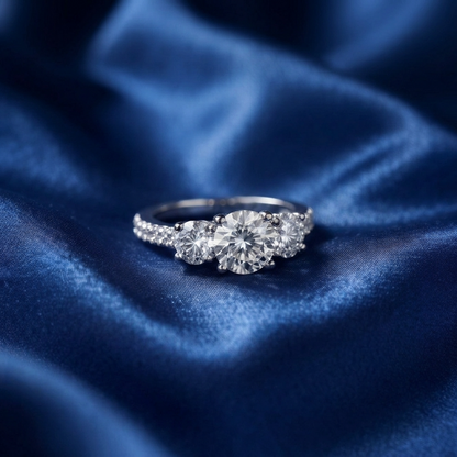 Melanie round brilliant diamond three stone engagement ring, three quarter view