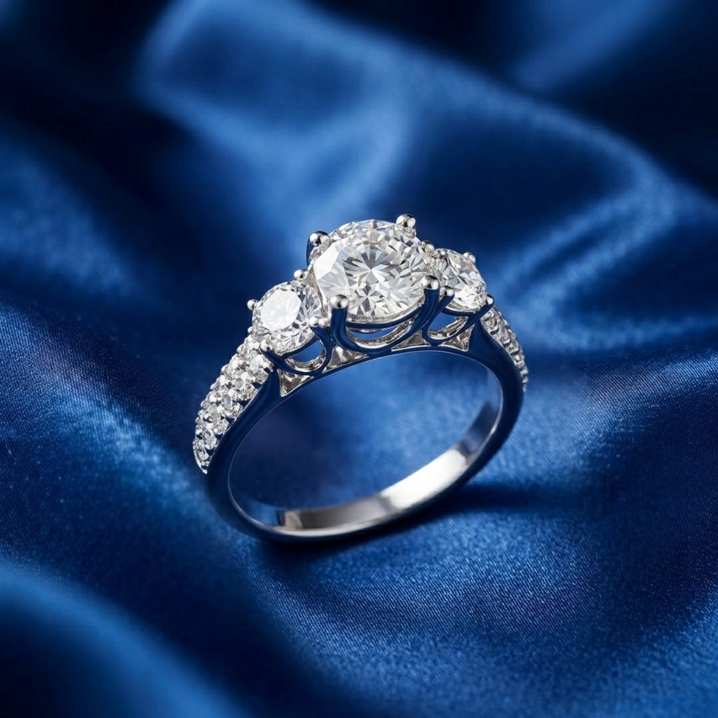 Melanie round brilliant diamond three stone engagement ring, raised view