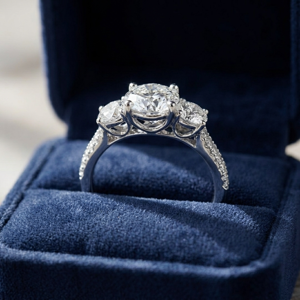 Melanie round brilliant diamond three stone engagement ring, front view
