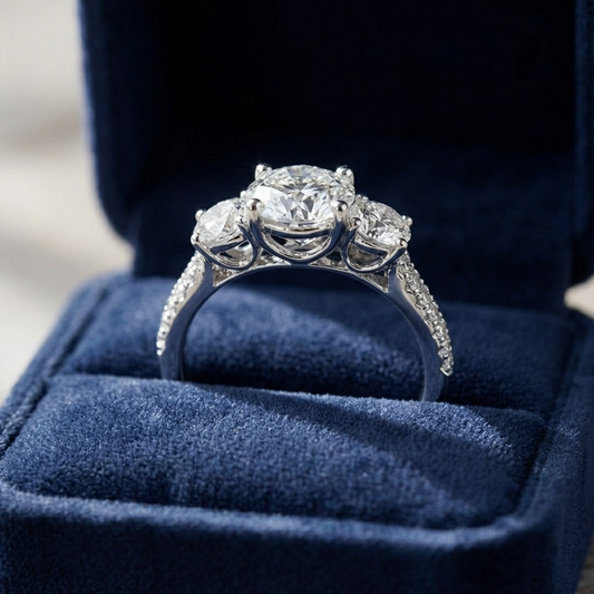 Melanie round brilliant diamond three stone engagement ring, front view