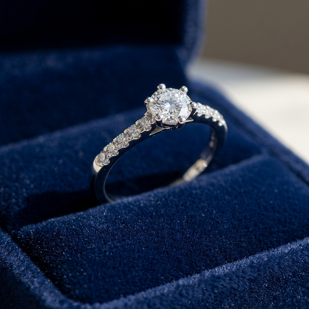 Sabrina round brilliant diamond engagement ring, angled view