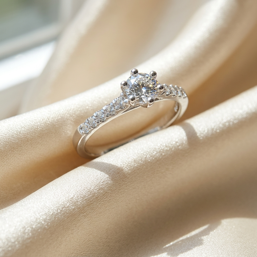 Sabrina round brilliant diamond engagement ring, three quarter view