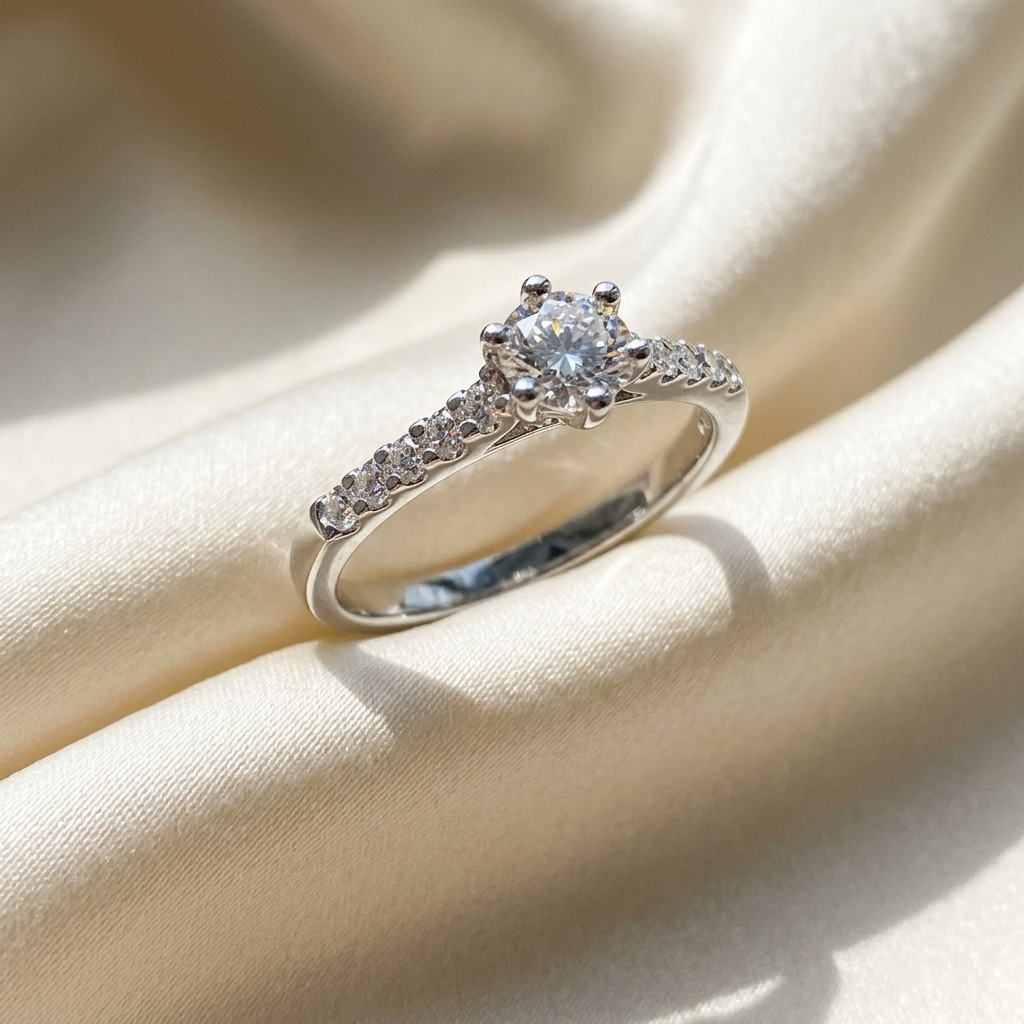 Sabrina round brilliant diamond engagement ring, raised view