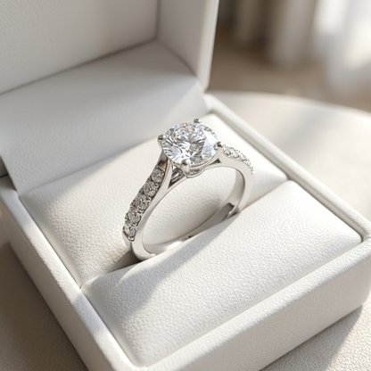 Round diamond ring with side stones - detail view