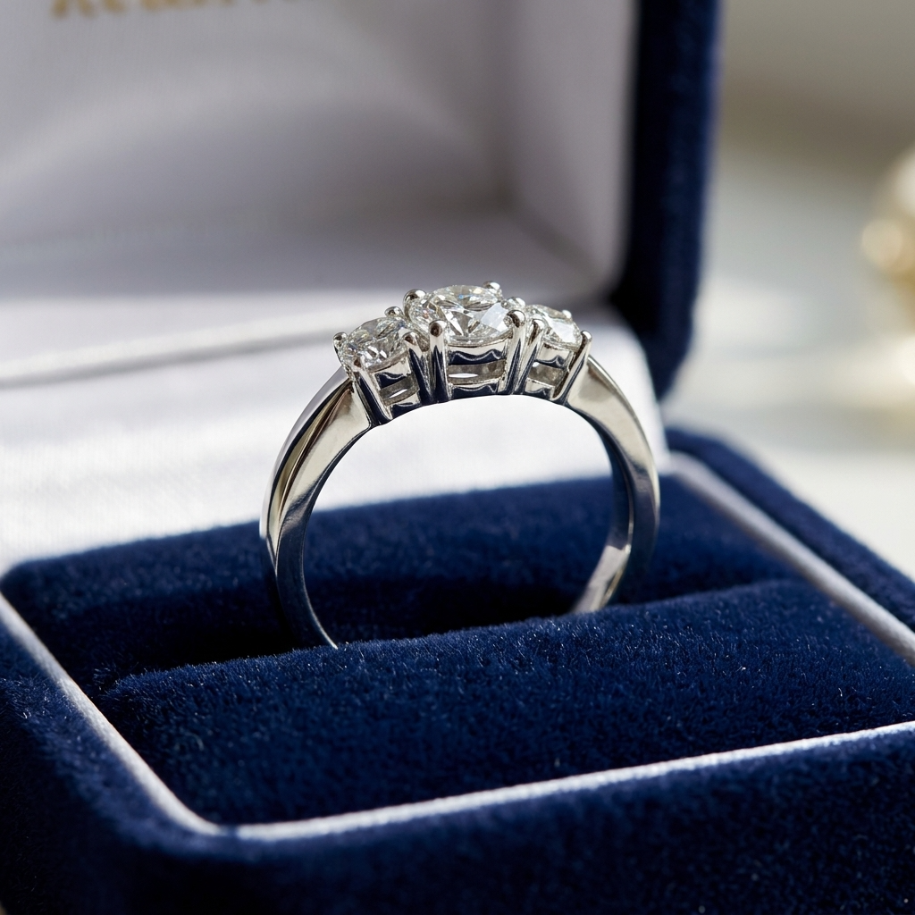 Emily round brilliant diamond three stone engagement ring, front view
