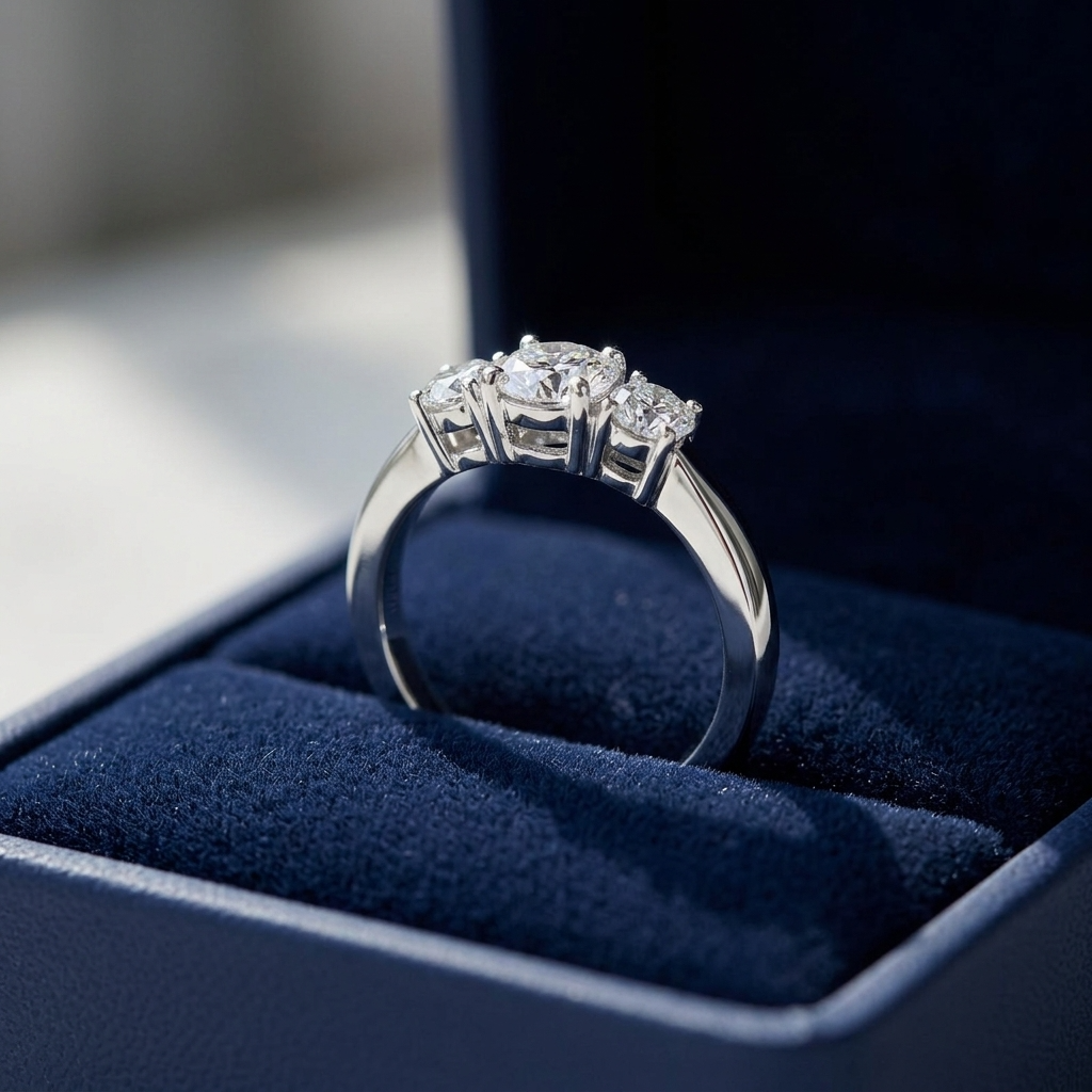 Emily round brilliant diamond three stone engagement ring, angled view