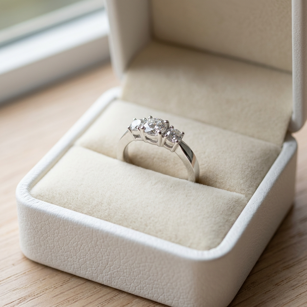 Emily round brilliant diamond three stone engagement ring, side view