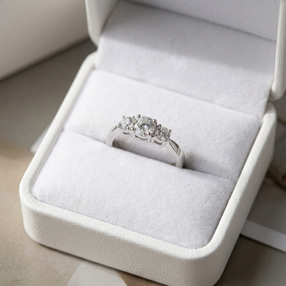 Emily round brilliant diamond three stone engagement ring, detail view
